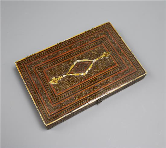 A Persian lacquered and damascus ware mirror case 20cm